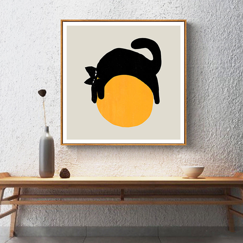 Cat on the Ball Canvas Print Nordic Style Textured Childrens Bedroom Wall Art in Yellow Clearhalo 'Arts' 'Canvas Art' 1764965