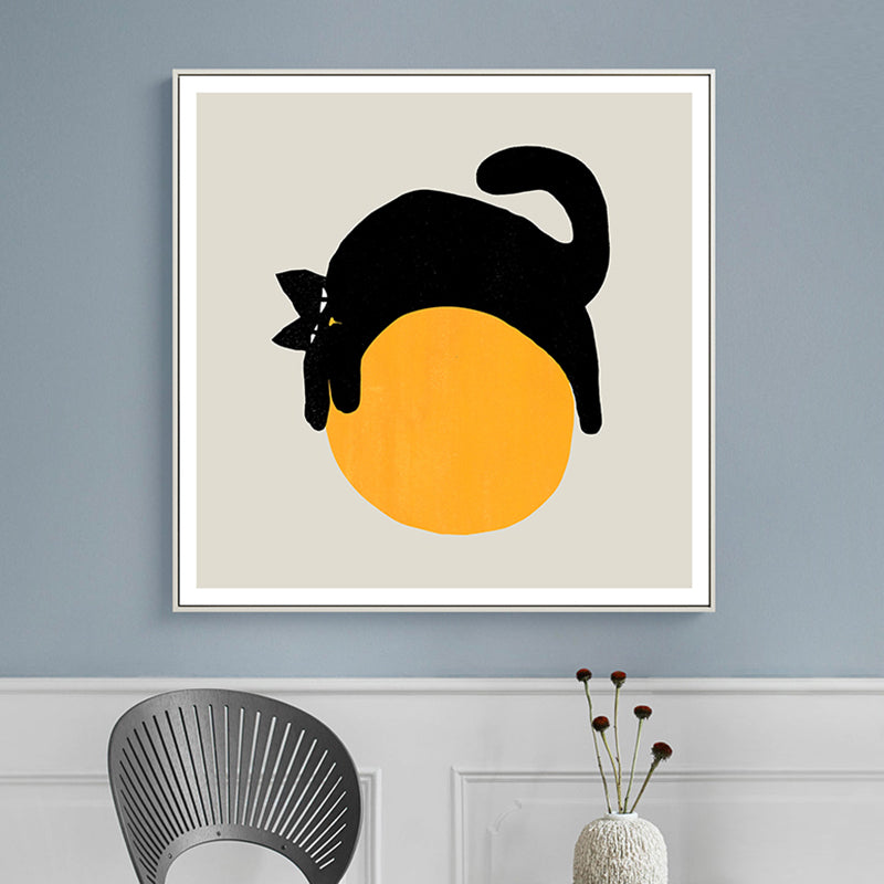 Cat on the Ball Canvas Print Nordic Style Textured Childrens Bedroom Wall Art in Yellow Clearhalo 'Arts' 'Canvas Art' 1764966