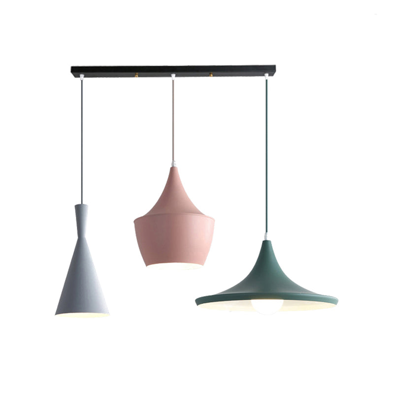 Cone Hanging Pendant Light in Macaron Style Metal 1/3 Light Pink/Yellow/Blue Hanging Light with Linear/Round Canopy Clearhalo 'Ceiling Lights' 'Modern Pendants' 'Modern' 'Pendant Lights' 'Pendants' Lighting' 176553