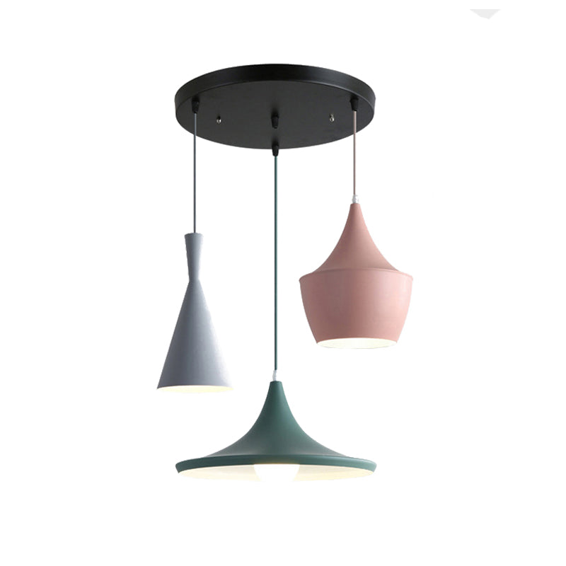 Cone Hanging Pendant Light in Macaron Style Metal 1/3 Light Pink/Yellow/Blue Hanging Light with Linear/Round Canopy Clearhalo 'Ceiling Lights' 'Modern Pendants' 'Modern' 'Pendant Lights' 'Pendants' Lighting' 176556