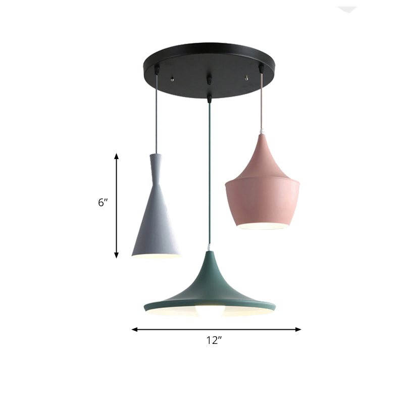 Cone Hanging Pendant Light in Macaron Style Metal 1/3 Light Pink/Yellow/Blue Hanging Light with Linear/Round Canopy Clearhalo 'Ceiling Lights' 'Modern Pendants' 'Modern' 'Pendant Lights' 'Pendants' Lighting' 176557