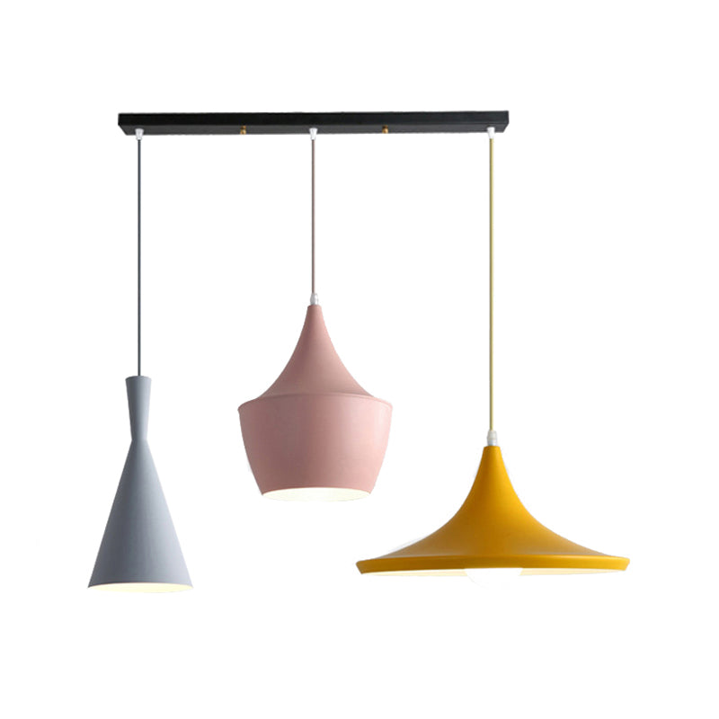 Cone Hanging Pendant Light in Macaron Style Metal 1/3 Light Pink/Yellow/Blue Hanging Light with Linear/Round Canopy Clearhalo 'Ceiling Lights' 'Modern Pendants' 'Modern' 'Pendant Lights' 'Pendants' Lighting' 176560