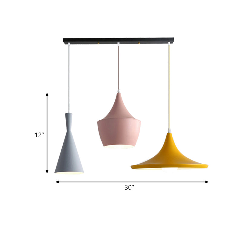 Cone Hanging Pendant Light in Macaron Style Metal 1/3 Light Pink/Yellow/Blue Hanging Light with Linear/Round Canopy Clearhalo 'Ceiling Lights' 'Modern Pendants' 'Modern' 'Pendant Lights' 'Pendants' Lighting' 176561