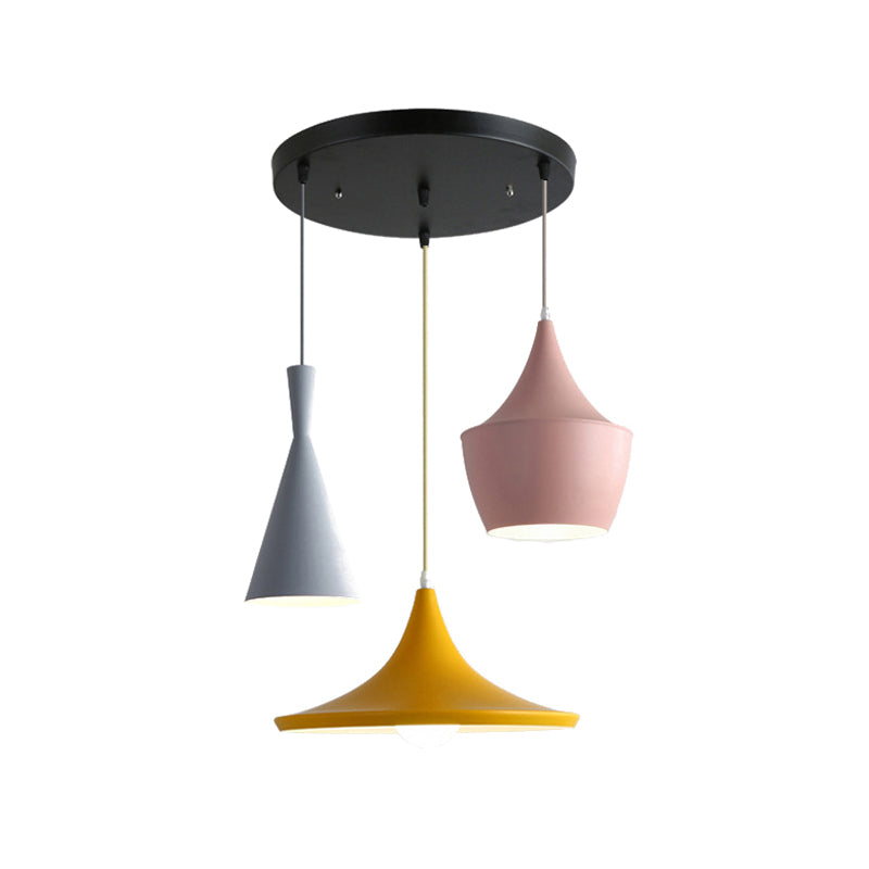 Cone Hanging Pendant Light in Macaron Style Metal 1/3 Light Pink/Yellow/Blue Hanging Light with Linear/Round Canopy Clearhalo 'Ceiling Lights' 'Modern Pendants' 'Modern' 'Pendant Lights' 'Pendants' Lighting' 176564