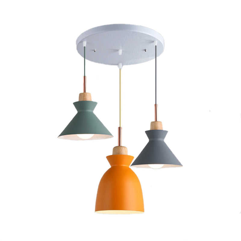 Multi-Color Cone and Dome Hanging Lighting Modern 3 Lights Metal Pendant Ceiling Light with Linear/Round Canopy Clearhalo 'Ceiling Lights' 'Modern Pendants' 'Modern' 'Pendant Lights' 'Pendants' Lighting' 176622