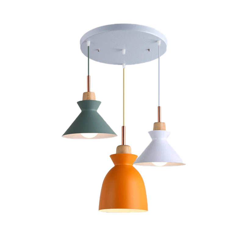 Multi-Color Cone and Dome Hanging Lighting Modern 3 Lights Metal Pendant Ceiling Light with Linear/Round Canopy Clearhalo 'Ceiling Lights' 'Modern Pendants' 'Modern' 'Pendant Lights' 'Pendants' Lighting' 176632