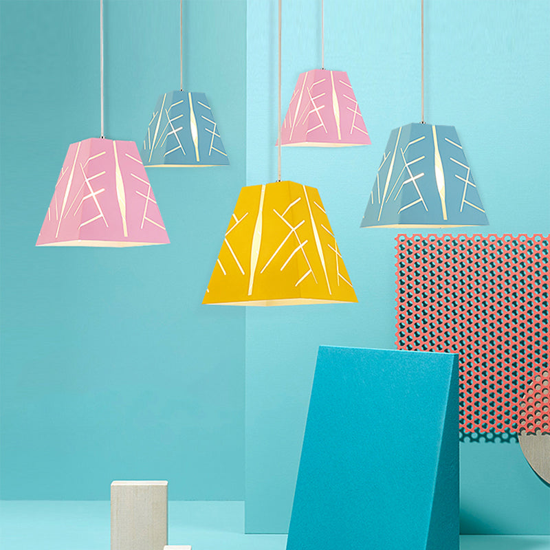 Pink/Yellow/Blue Tapered Hanging Lighting Modern 1 Light Metal Pendant Ceiling Light Clearhalo 'Ceiling Lights' 'Modern Pendants' 'Modern' 'Pendant Lights' 'Pendants' Lighting' 176676