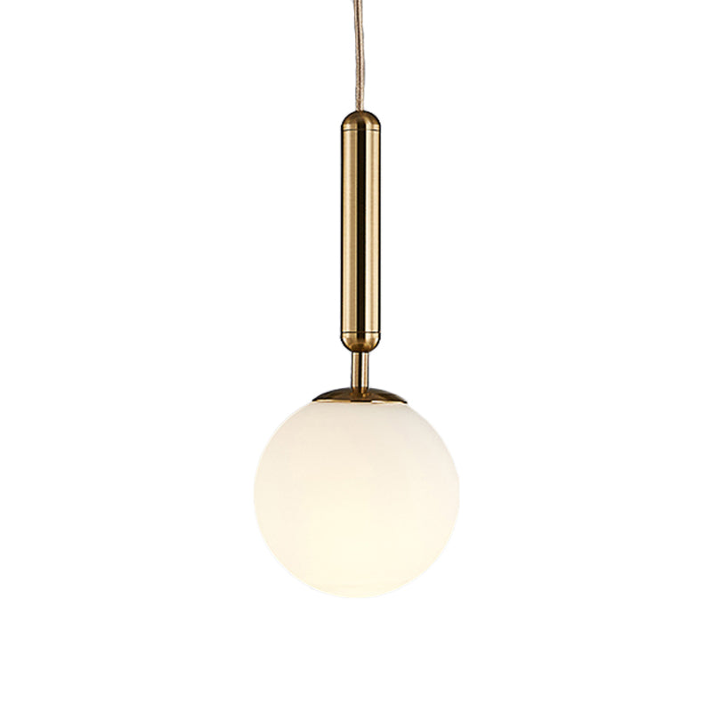 1 Light Kitchen Pendant Light with Ball White Glass Shade Post-Modern Gold Hanging Lamp Kit, 6"/8"/10" Wide Clearhalo 'Ceiling Lights' 'Glass shade' 'Glass' 'Modern Pendants' 'Modern' 'Pendant Lights' 'Pendants' Lighting' 176971