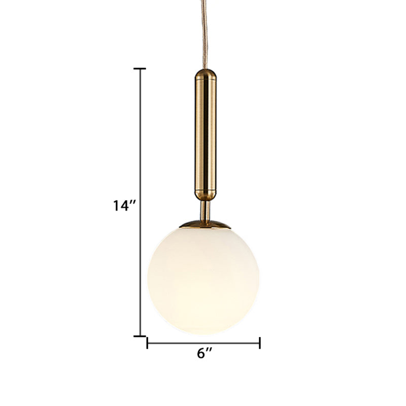 1 Light Kitchen Pendant Light with Ball White Glass Shade Post-Modern Gold Hanging Lamp Kit, 6"/8"/10" Wide Clearhalo 'Ceiling Lights' 'Glass shade' 'Glass' 'Modern Pendants' 'Modern' 'Pendant Lights' 'Pendants' Lighting' 176972