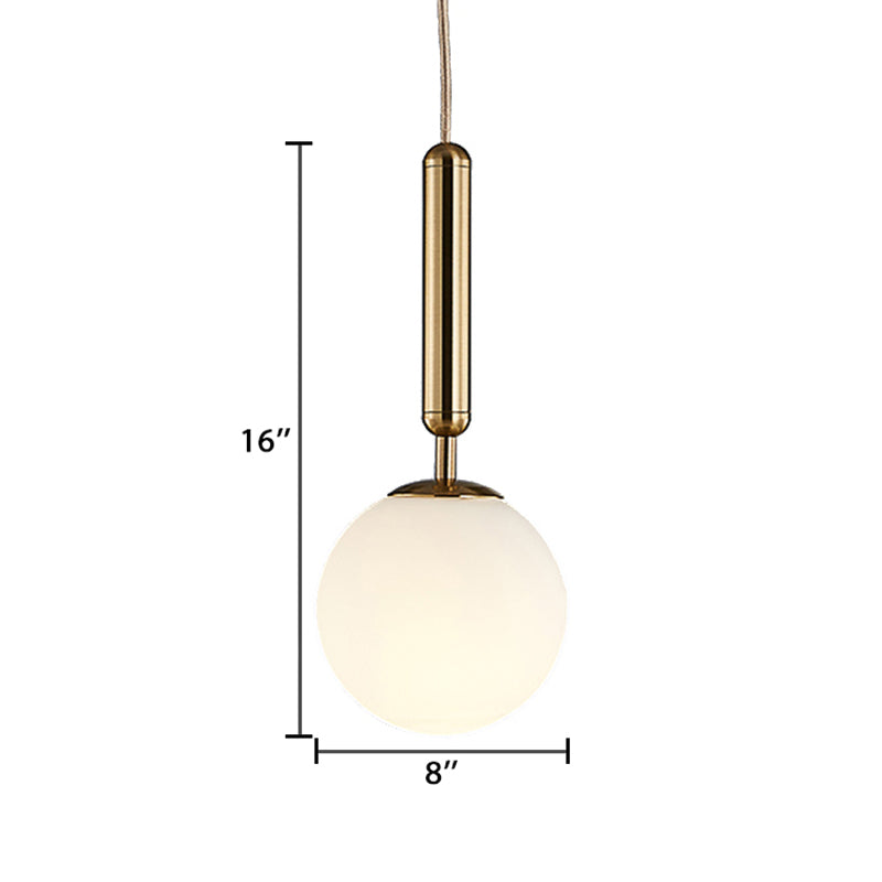 1 Light Kitchen Pendant Light with Ball White Glass Shade Post-Modern Gold Hanging Lamp Kit, 6"/8"/10" Wide Clearhalo 'Ceiling Lights' 'Glass shade' 'Glass' 'Modern Pendants' 'Modern' 'Pendant Lights' 'Pendants' Lighting' 176973