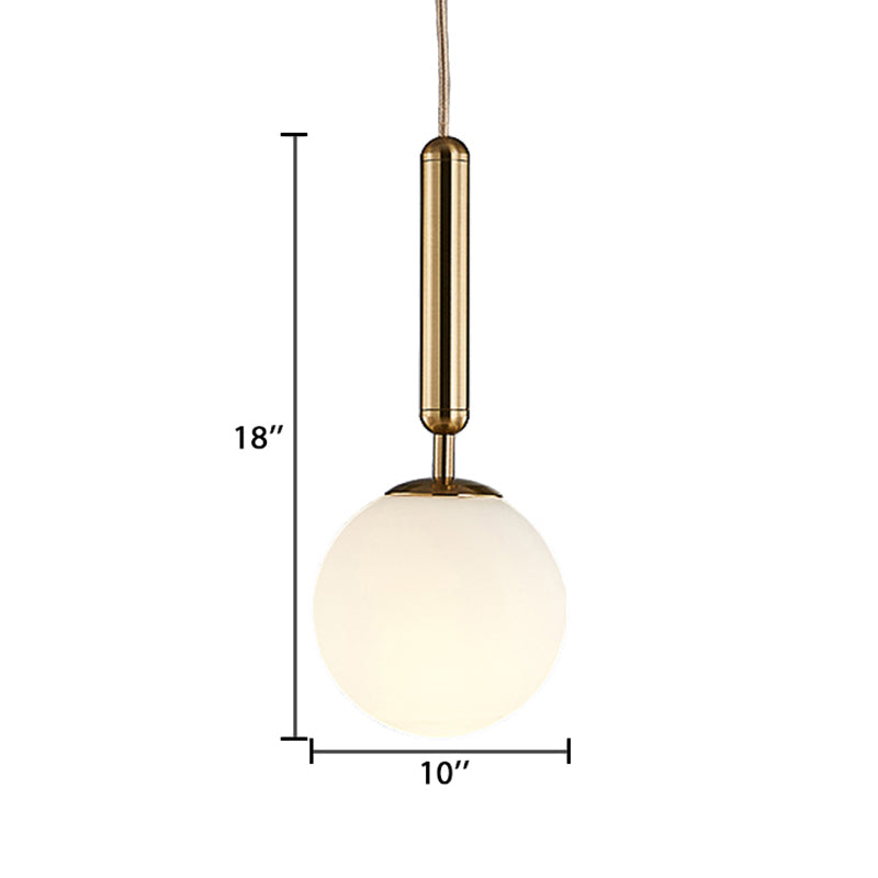 1 Light Kitchen Pendant Light with Ball White Glass Shade Post-Modern Gold Hanging Lamp Kit, 6"/8"/10" Wide Clearhalo 'Ceiling Lights' 'Glass shade' 'Glass' 'Modern Pendants' 'Modern' 'Pendant Lights' 'Pendants' Lighting' 176974