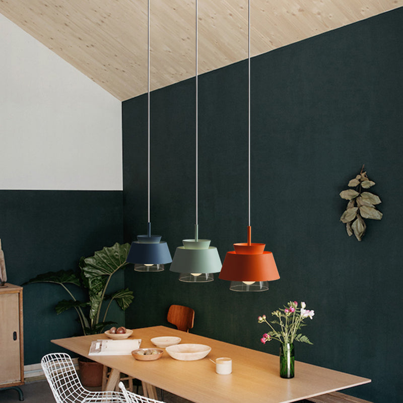 Blue/Green Tapered Hanging Light Macaron 1 Light Metal Pendant Lamp with Inner Glass Shade for Dining Room Clearhalo 'Ceiling Lights' 'Glass shade' 'Glass' 'Modern Pendants' 'Modern' 'Pendant Lights' 'Pendants' Lighting' 176983