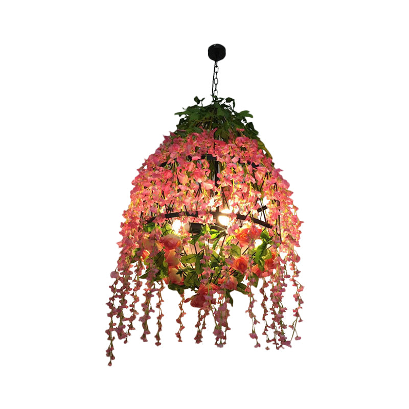 4 Heads Hanging Chandelier Industrial Restaurant Floral Pendant Light Kit with Wire Cage Metal Shade in Pink Clearhalo 'Ceiling Lights' 'Chandeliers' Lighting' options 1770971