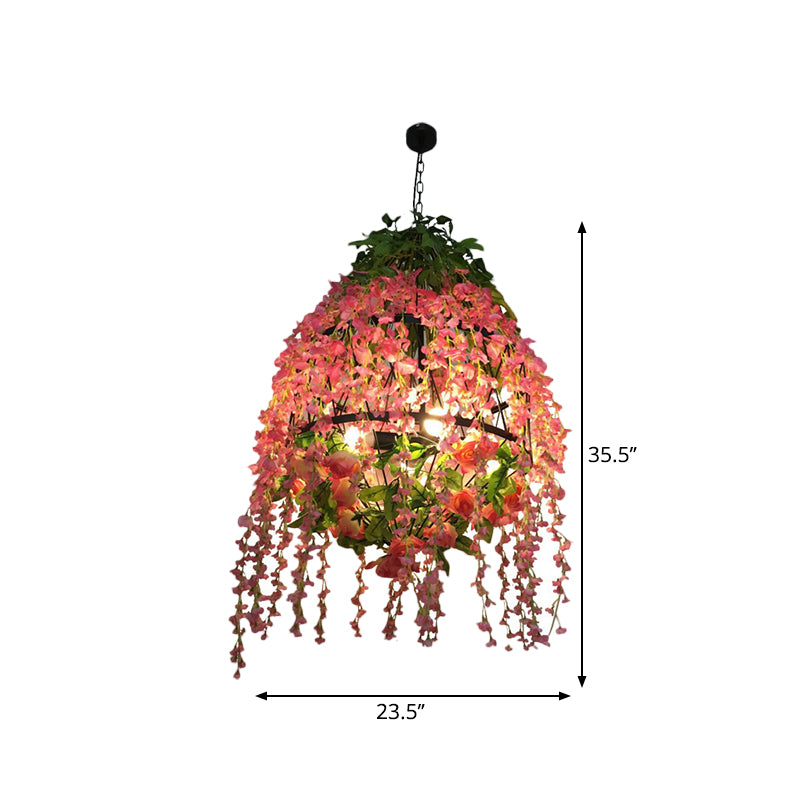 4 Heads Hanging Chandelier Industrial Restaurant Floral Pendant Light Kit with Wire Cage Metal Shade in Pink Clearhalo 'Ceiling Lights' 'Chandeliers' Lighting' options 1770972