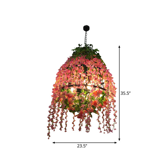 4 Heads Hanging Chandelier Industrial Restaurant Floral Pendant Light Kit with Wire Cage Metal Shade in Pink Clearhalo 'Ceiling Lights' 'Chandeliers' Lighting' options 1770972