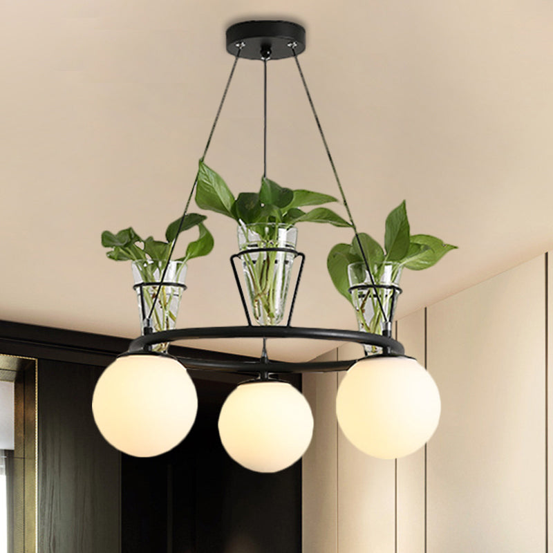 Cream Glass Globe Ceiling Chandelier Warehouse 3/5-Light Dining Room Hanging Light Kit in Black with Metal Ring Design Clearhalo 'Ceiling Lights' 'Chandeliers' Lighting' options 1771034