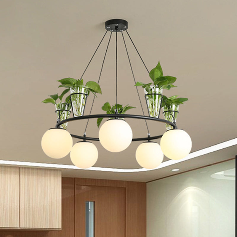 Cream Glass Globe Ceiling Chandelier Warehouse 3/5-Light Dining Room Hanging Light Kit in Black with Metal Ring Design Clearhalo 'Ceiling Lights' 'Chandeliers' Lighting' options 1771039