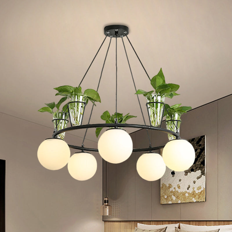 Cream Glass Globe Ceiling Chandelier Warehouse 3/5-Light Dining Room Hanging Light Kit in Black with Metal Ring Design Clearhalo 'Ceiling Lights' 'Chandeliers' Lighting' options 1771040