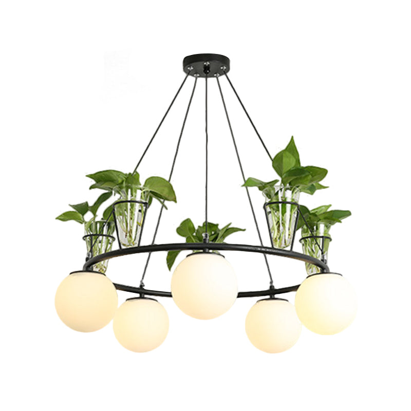 Cream Glass Globe Ceiling Chandelier Warehouse 3/5-Light Dining Room Hanging Light Kit in Black with Metal Ring Design Clearhalo 'Ceiling Lights' 'Chandeliers' Lighting' options 1771041