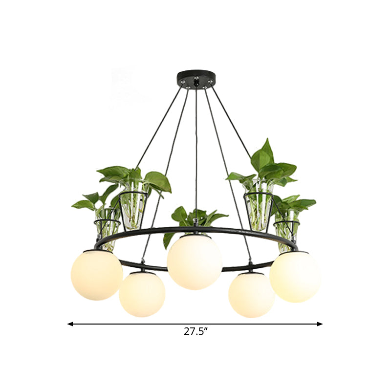 Cream Glass Globe Ceiling Chandelier Warehouse 3/5-Light Dining Room Hanging Light Kit in Black with Metal Ring Design Clearhalo 'Ceiling Lights' 'Chandeliers' Lighting' options 1771042