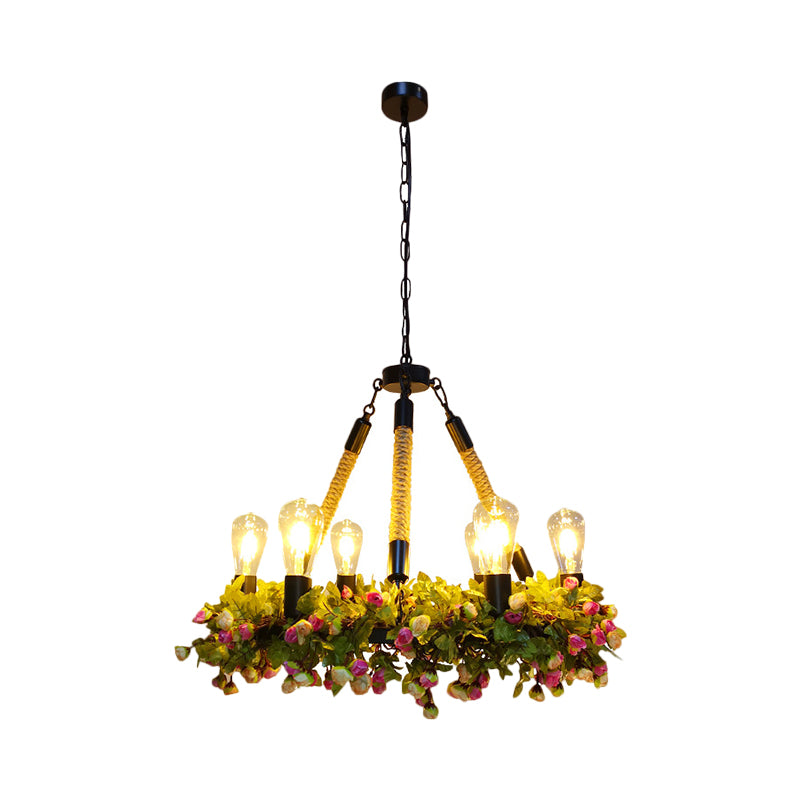 Metal Exposed Bulb Pendant Chandelier Industrial 6-Light Restaurant Pendulum Light with Pink/Green Artificial Floral Deco Clearhalo 'Ceiling Lights' 'Chandeliers' Lighting' options 1771081