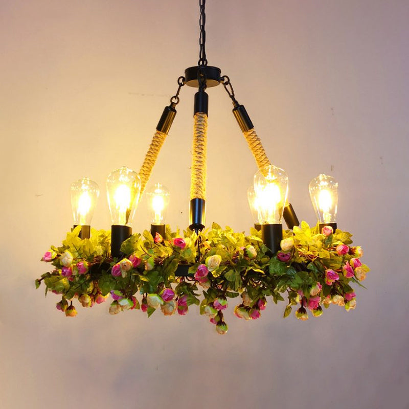 Metal Exposed Bulb Pendant Chandelier Industrial 6-Light Restaurant Pendulum Light with Pink/Green Artificial Floral Deco Clearhalo 'Ceiling Lights' 'Chandeliers' Lighting' options 1771082