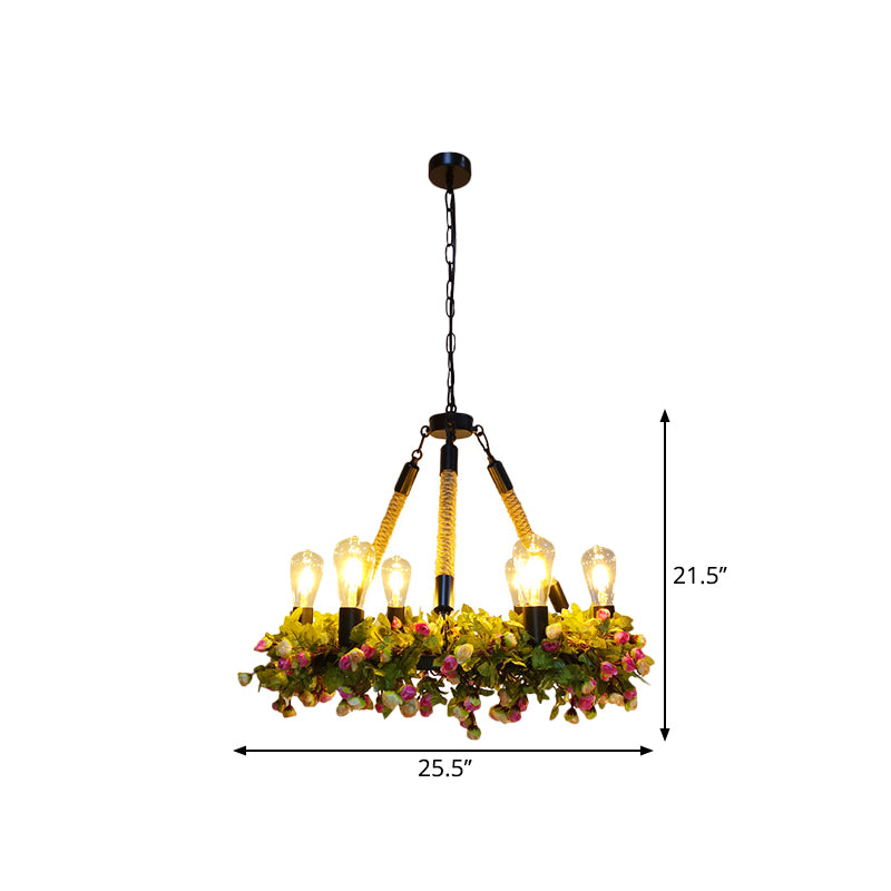 Metal Exposed Bulb Pendant Chandelier Industrial 6-Light Restaurant Pendulum Light with Pink/Green Artificial Floral Deco Clearhalo 'Ceiling Lights' 'Chandeliers' Lighting' options 1771083