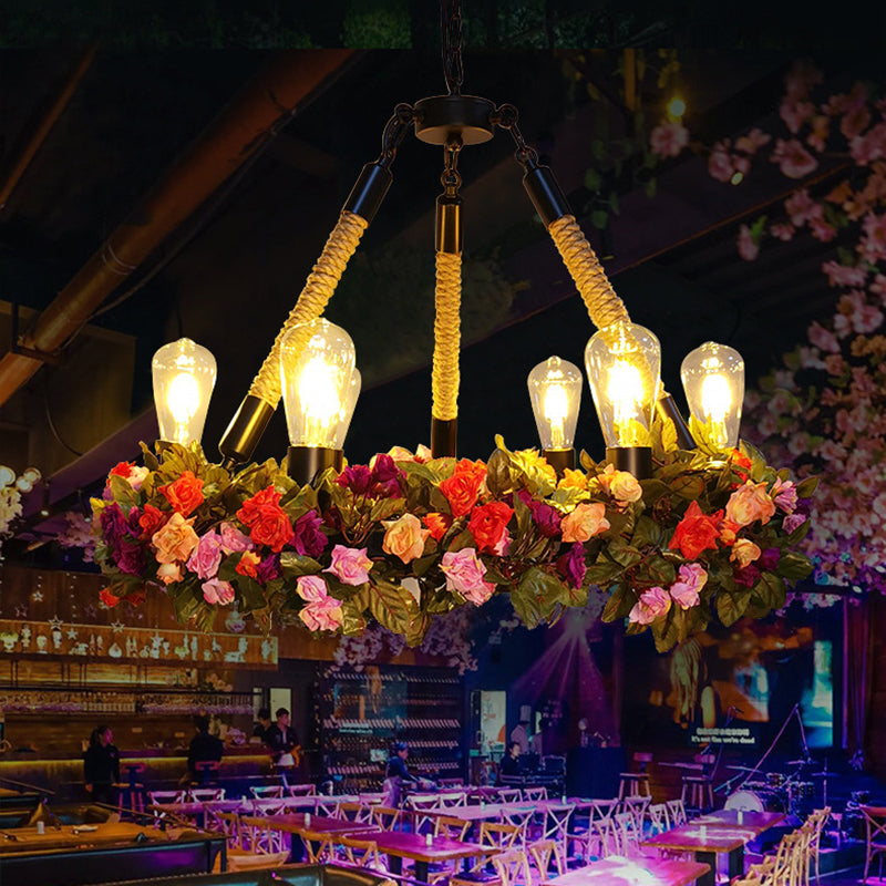 Metal Exposed Bulb Pendant Chandelier Industrial 6-Light Restaurant Pendulum Light with Pink/Green Artificial Floral Deco Clearhalo 'Ceiling Lights' 'Chandeliers' Lighting' options 1771084