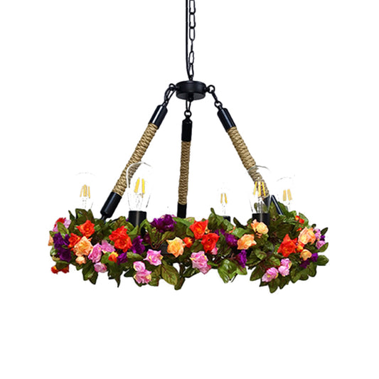 Metal Exposed Bulb Pendant Chandelier Industrial 6-Light Restaurant Pendulum Light with Pink/Green Artificial Floral Deco Clearhalo 'Ceiling Lights' 'Chandeliers' Lighting' options 1771087