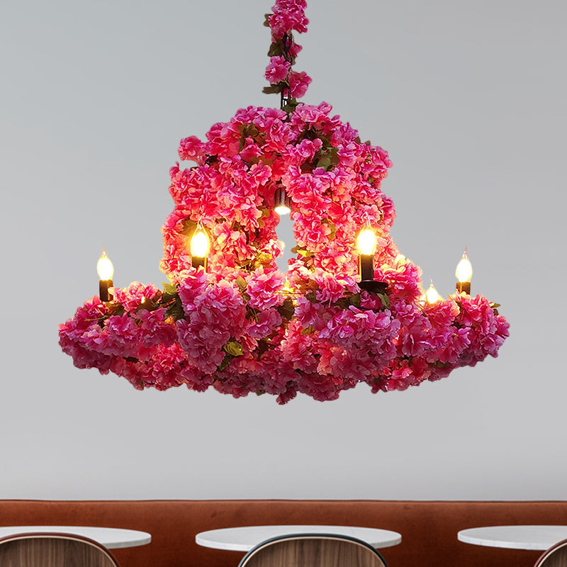 6 Heads Candle Chandelier Lighting Factory Blue/Rose Red Metallic Pendant Light Fixture with Artificial Flower Deco Clearhalo 'Ceiling Lights' 'Chandeliers' Lighting' options 1771184