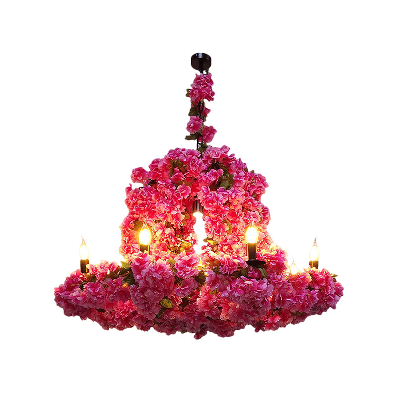 6 Heads Candle Chandelier Lighting Factory Blue/Rose Red Metallic Pendant Light Fixture with Artificial Flower Deco Clearhalo 'Ceiling Lights' 'Chandeliers' Lighting' options 1771186