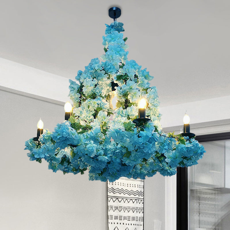 6 Heads Candle Chandelier Lighting Factory Blue/Rose Red Metallic Pendant Light Fixture with Artificial Flower Deco Clearhalo 'Ceiling Lights' 'Chandeliers' Lighting' options 1771190