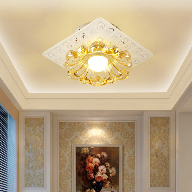 Simplicity LED Ceiling Light White Round/Square Flushmount with Flower Crystal Shade in Warm/White Light White Square Plate Clearhalo 'Ceiling Lights' 'Close To Ceiling Lights' 'Close to ceiling' 'Flush mount' Lighting' 1771210