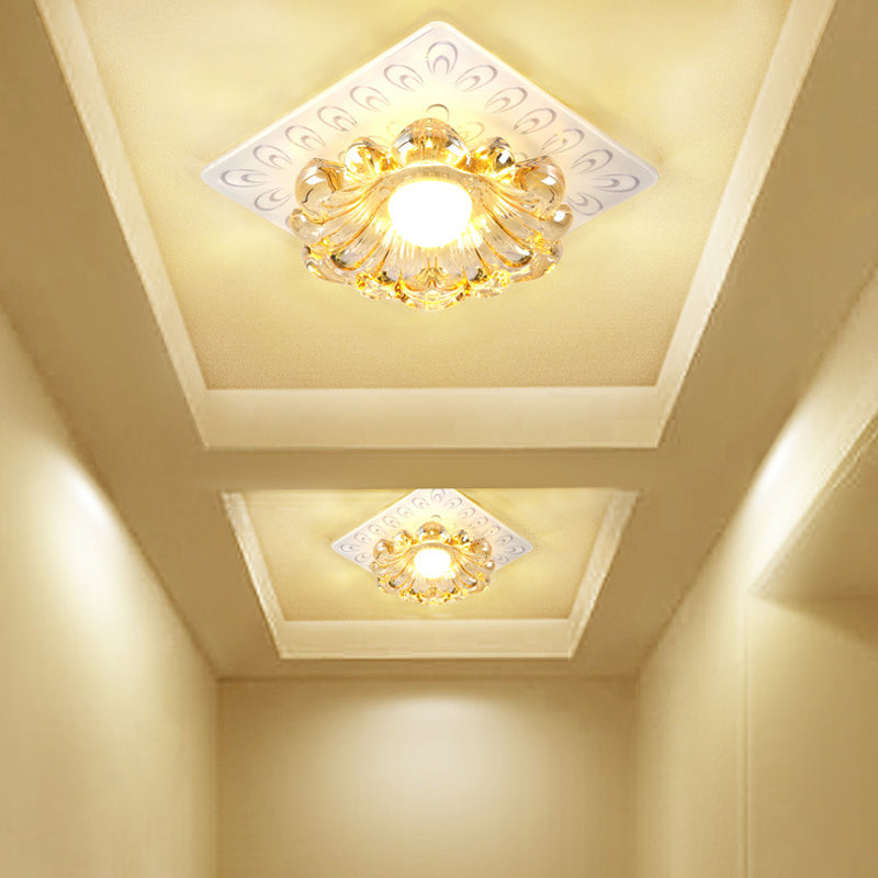 Simplicity LED Ceiling Light White Round/Square Flushmount with Flower Crystal Shade in Warm/White Light Clearhalo 'Ceiling Lights' 'Close To Ceiling Lights' 'Close to ceiling' 'Flush mount' Lighting' 1771211