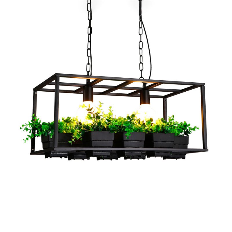 Black/White Rectangle Island Lamp Factory Metallic 2 Lights Living Room Hanging Light Fixture with Artificial Plant Deco Clearhalo 'Ceiling Lights' 'Island Lights' Lighting' 1771268
