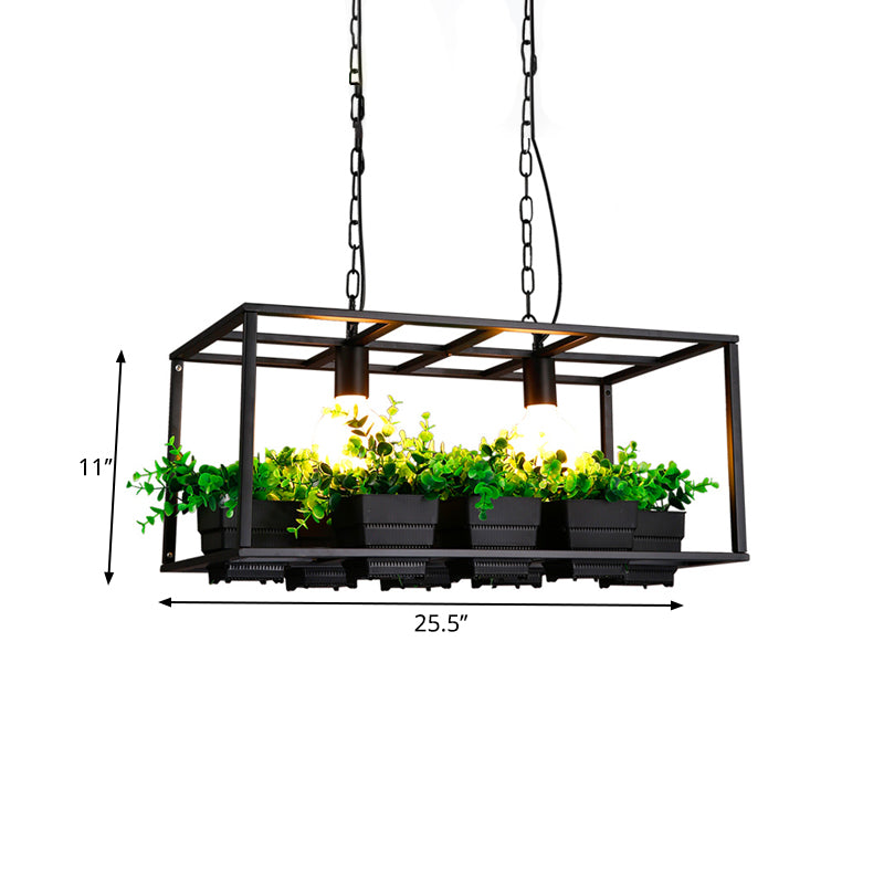 Black/White Rectangle Island Lamp Factory Metallic 2 Lights Living Room Hanging Light Fixture with Artificial Plant Deco Clearhalo 'Ceiling Lights' 'Island Lights' Lighting' 1771269