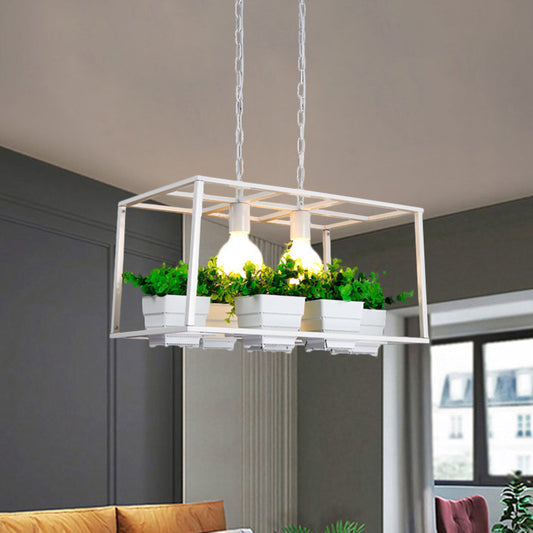 Black/White Rectangle Island Lamp Factory Metallic 2 Lights Living Room Hanging Light Fixture with Artificial Plant Deco Clearhalo 'Ceiling Lights' 'Island Lights' Lighting' 1771271