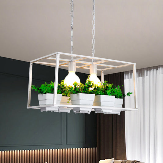 Black/White Rectangle Island Lamp Factory Metallic 2 Lights Living Room Hanging Light Fixture with Artificial Plant Deco Clearhalo 'Ceiling Lights' 'Island Lights' Lighting' 1771272