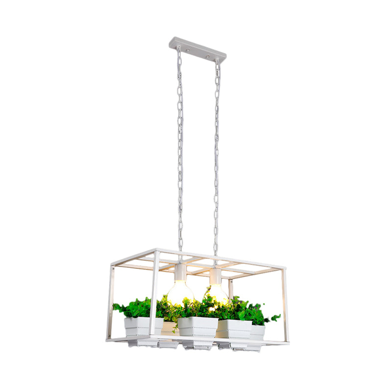 Black/White Rectangle Island Lamp Factory Metallic 2 Lights Living Room Hanging Light Fixture with Artificial Plant Deco Clearhalo 'Ceiling Lights' 'Island Lights' Lighting' 1771273