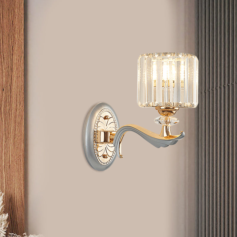 Modernist 1/2-Head Wall Light Fixture Gold Cylinder Wall Mounted Lamp with Clear Crystal Shade 1.0 Gold Clearhalo 'Modern wall lights' 'Modern' 'Wall Lamps & Sconces' 'Wall Lights' Lighting' 1771313