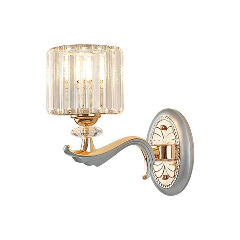 Modernist 1/2-Head Wall Light Fixture Gold Cylinder Wall Mounted Lamp with Clear Crystal Shade Clearhalo 'Modern wall lights' 'Modern' 'Wall Lamps & Sconces' 'Wall Lights' Lighting' 1771315