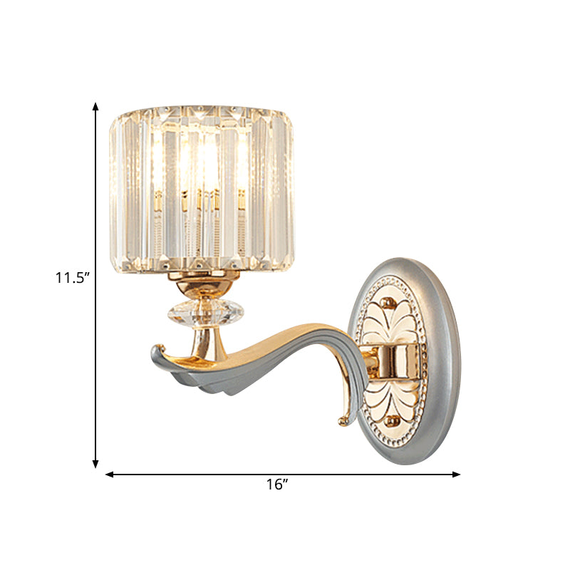 Modernist 1/2-Head Wall Light Fixture Gold Cylinder Wall Mounted Lamp with Clear Crystal Shade Clearhalo 'Modern wall lights' 'Modern' 'Wall Lamps & Sconces' 'Wall Lights' Lighting' 1771316