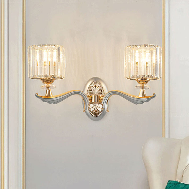 Modernist 1/2-Head Wall Light Fixture Gold Cylinder Wall Mounted Lamp with Clear Crystal Shade 2.0 Gold Clearhalo 'Modern wall lights' 'Modern' 'Wall Lamps & Sconces' 'Wall Lights' Lighting' 1771317