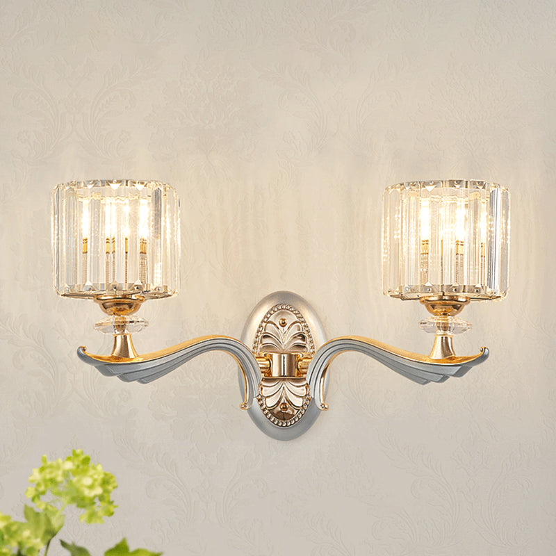 Modernist 1/2-Head Wall Light Fixture Gold Cylinder Wall Mounted Lamp with Clear Crystal Shade Clearhalo 'Modern wall lights' 'Modern' 'Wall Lamps & Sconces' 'Wall Lights' Lighting' 1771319