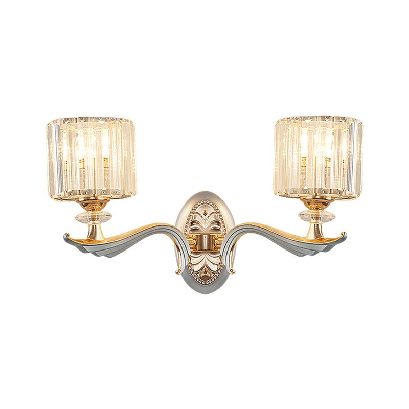 Modernist 1/2-Head Wall Light Fixture Gold Cylinder Wall Mounted Lamp with Clear Crystal Shade Clearhalo 'Modern wall lights' 'Modern' 'Wall Lamps & Sconces' 'Wall Lights' Lighting' 1771320