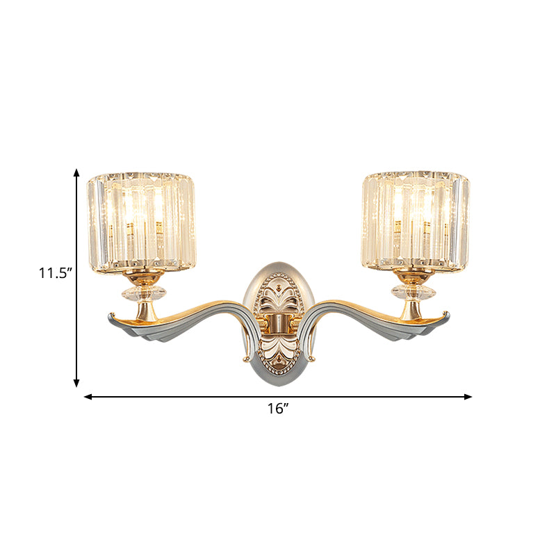 Modernist 1/2-Head Wall Light Fixture Gold Cylinder Wall Mounted Lamp with Clear Crystal Shade Clearhalo 'Modern wall lights' 'Modern' 'Wall Lamps & Sconces' 'Wall Lights' Lighting' 1771321