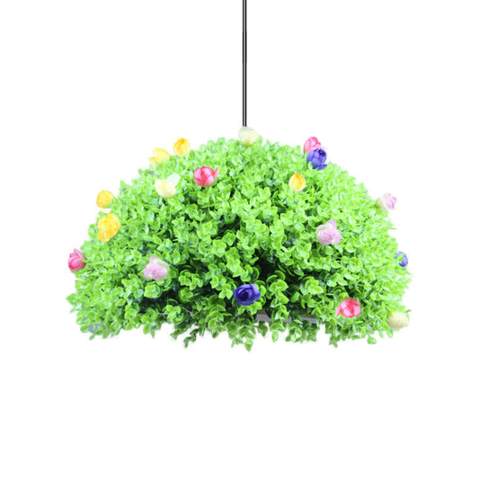 1-Light Domed Hanging Lamp Kit Factory Green Metallic Suspension Lighting with Artificial Floral Deco Clearhalo 'Ceiling Lights' 'Pendant Lights' 'Pendants' Lighting' 1771340