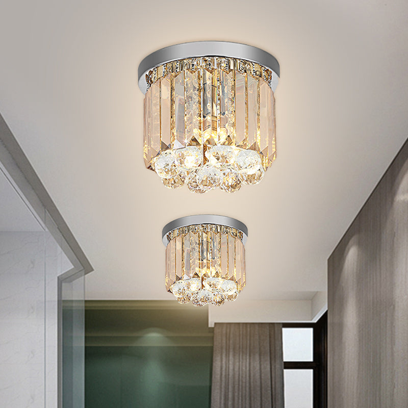 Crystal Cylinder Flush Mount Light Fixture Modern Style LED Ceiling Lamp in Chrome, 8"/12" Dia Chrome 8" Clearhalo 'Ceiling Lights' 'Close To Ceiling Lights' 'Close to ceiling' 'Flush mount' Lighting' 1771342