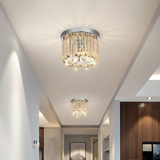 Crystal Cylinder Flush Mount Light Fixture Modern Style LED Ceiling Lamp in Chrome, 8"/12" Dia Clearhalo 'Ceiling Lights' 'Close To Ceiling Lights' 'Close to ceiling' 'Flush mount' Lighting' 1771343