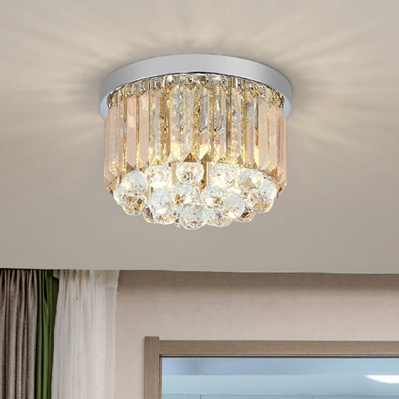 Crystal Cylinder Flush Mount Light Fixture Modern Style LED Ceiling Lamp in Chrome, 8"/12" Dia Chrome 12" Clearhalo 'Ceiling Lights' 'Close To Ceiling Lights' 'Close to ceiling' 'Flush mount' Lighting' 1771346